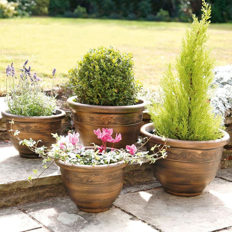 Antique effect 4 bronze flower pots