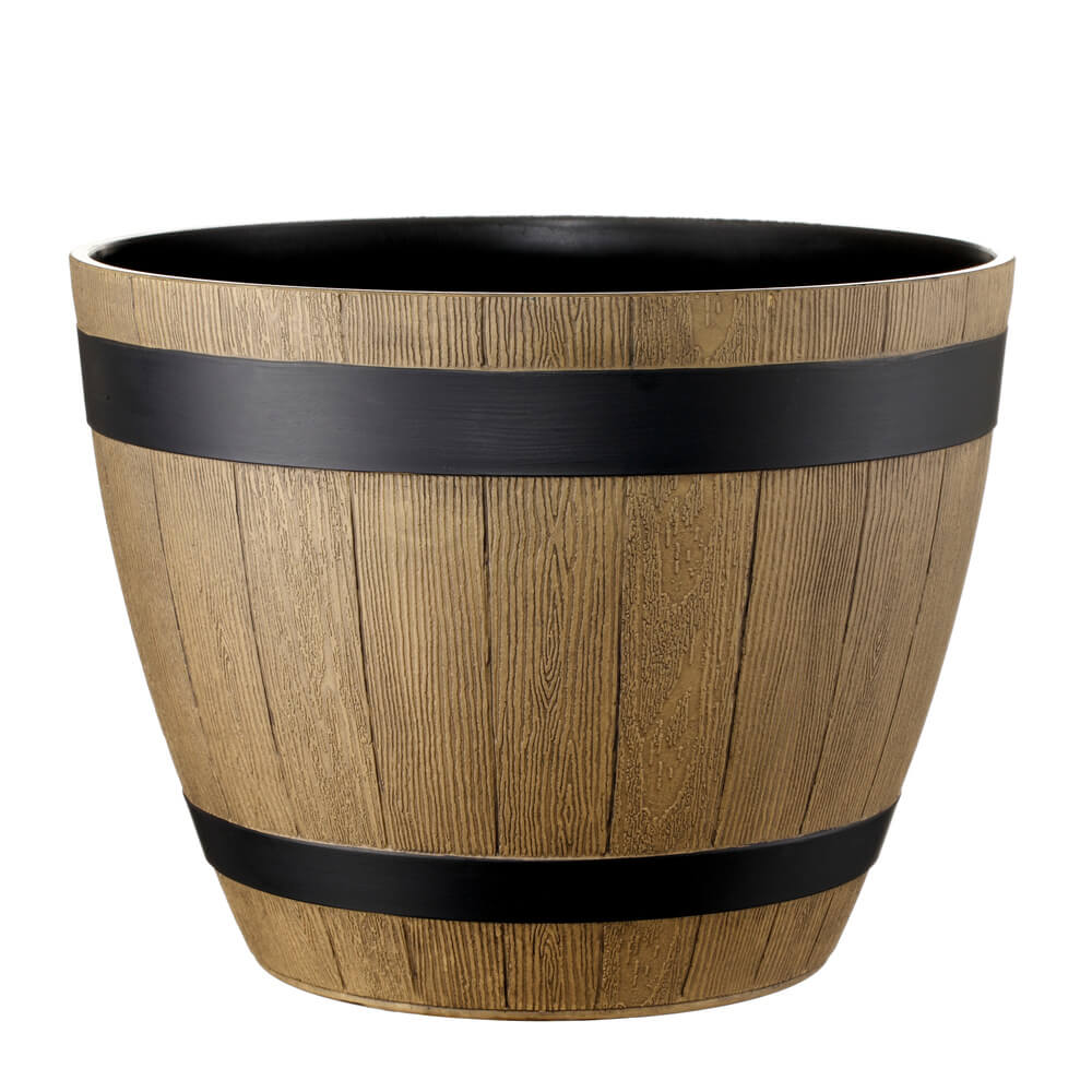 Wooden planter with black bands on a white background