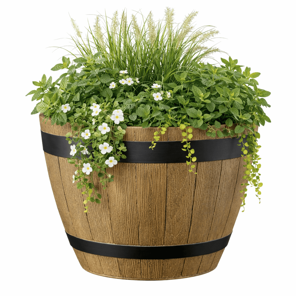 Wooden planter with plants and black bands on a white background