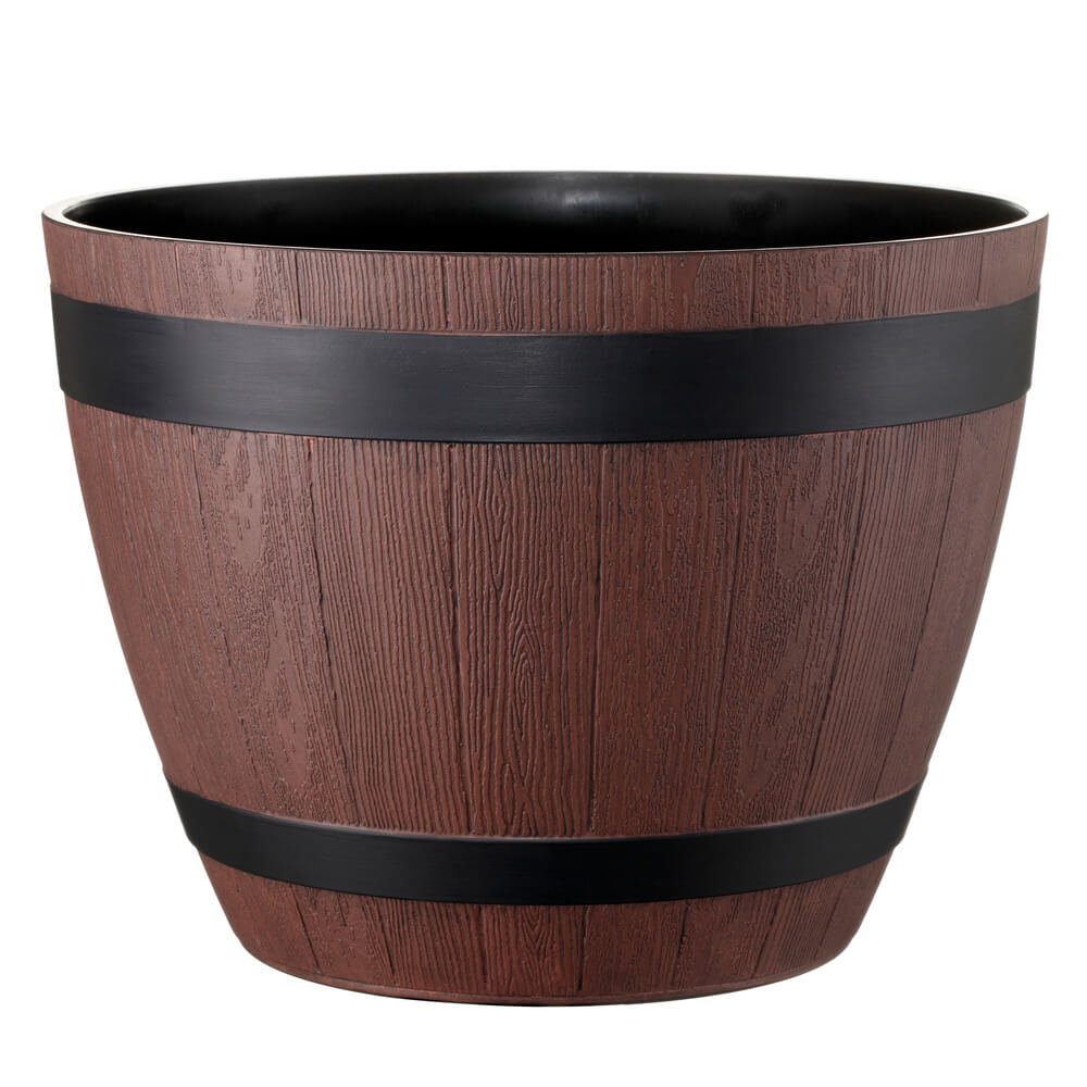 Wooden-patterned planter with black bands on a white background