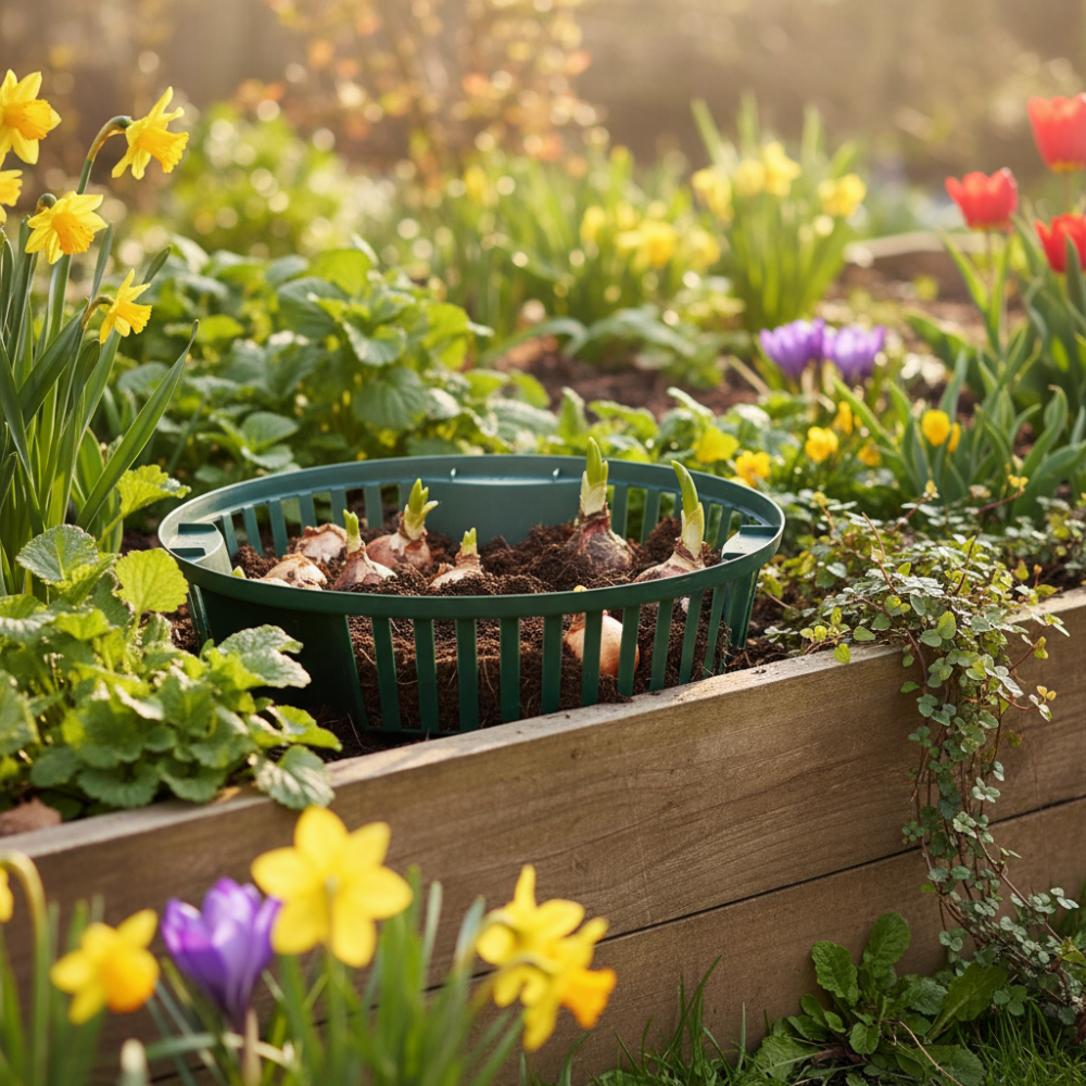 onions in a bulb basket in raised bed