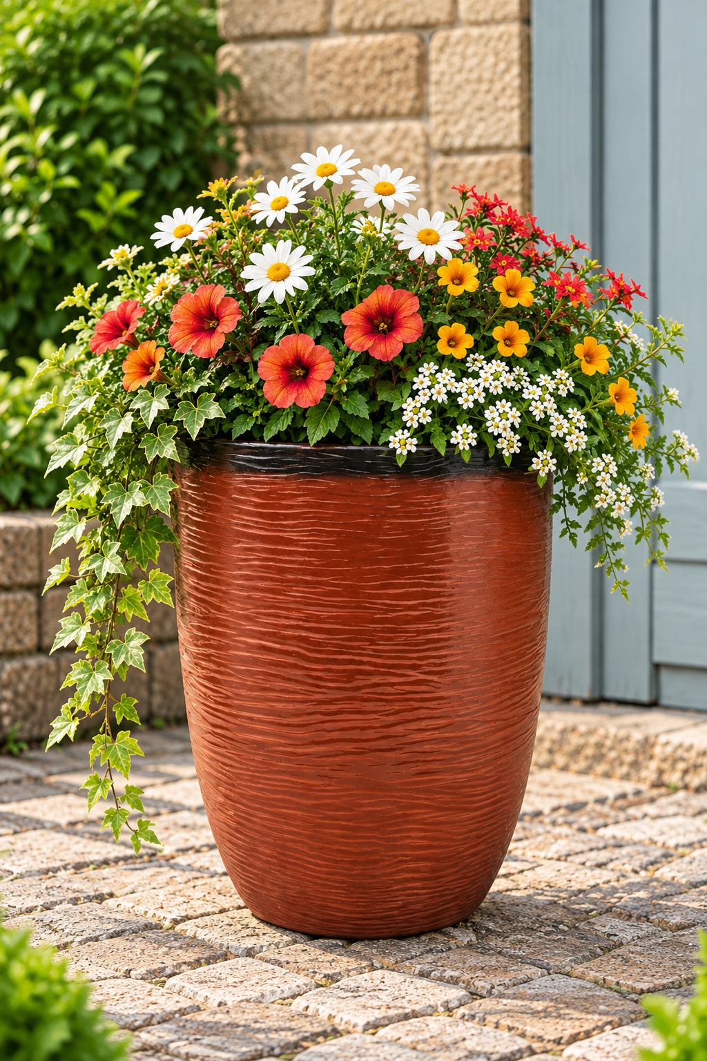 Burnt orange pot with flowers