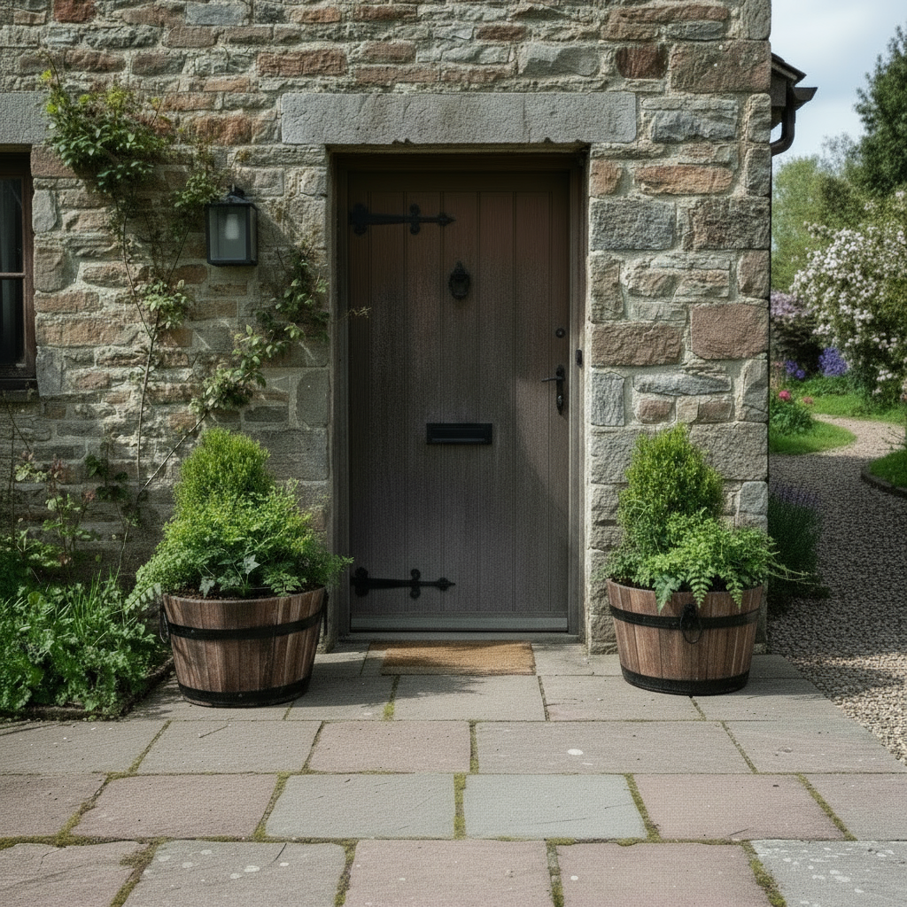 Wooden half barrel plants by stone house doorway entrance
