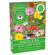 Packaging of a butterfly and bee seed shaker box with illustrations of flowers and butterflies.