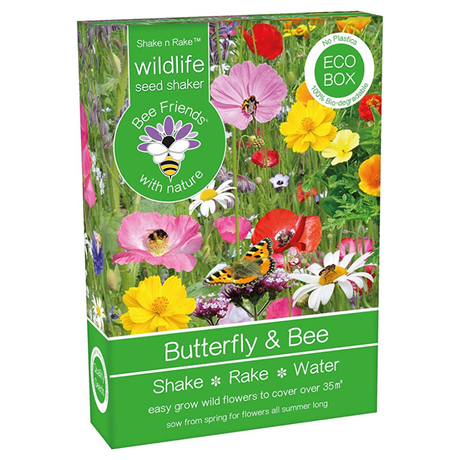 Packaging of a butterfly and bee seed shaker box with illustrations of flowers and butterflies.