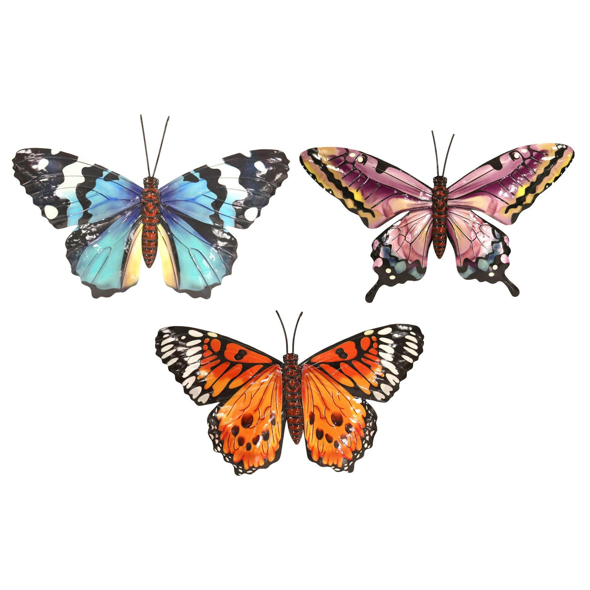 A set of three large metal butterflies