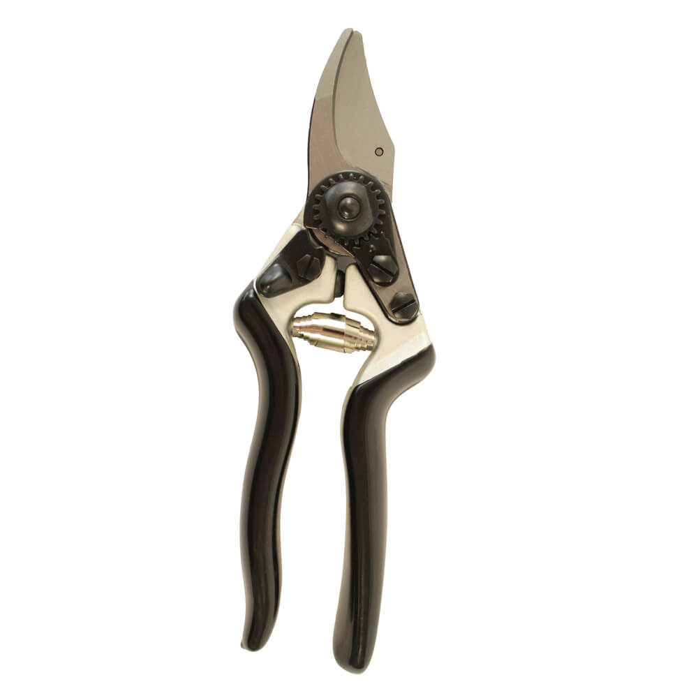 Gardening shears with black handles on a white background