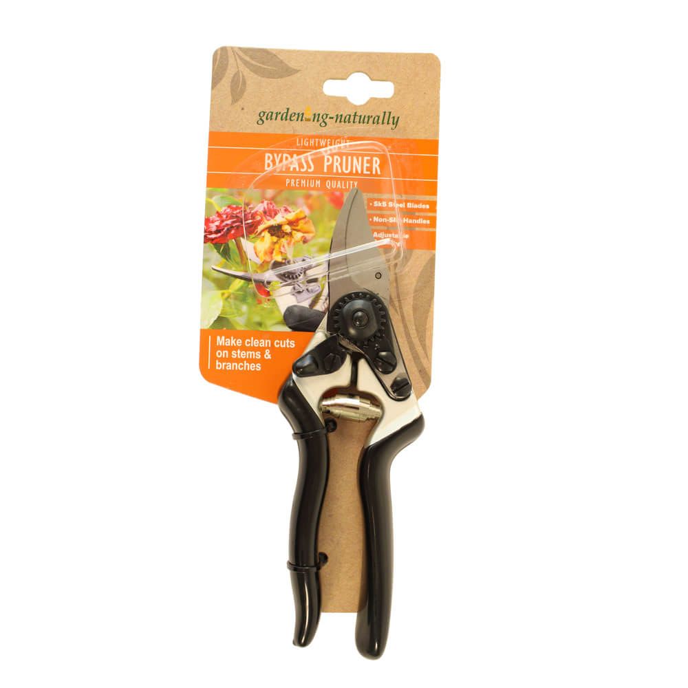Garden pruner with Gardening Naturally packaging on a white background