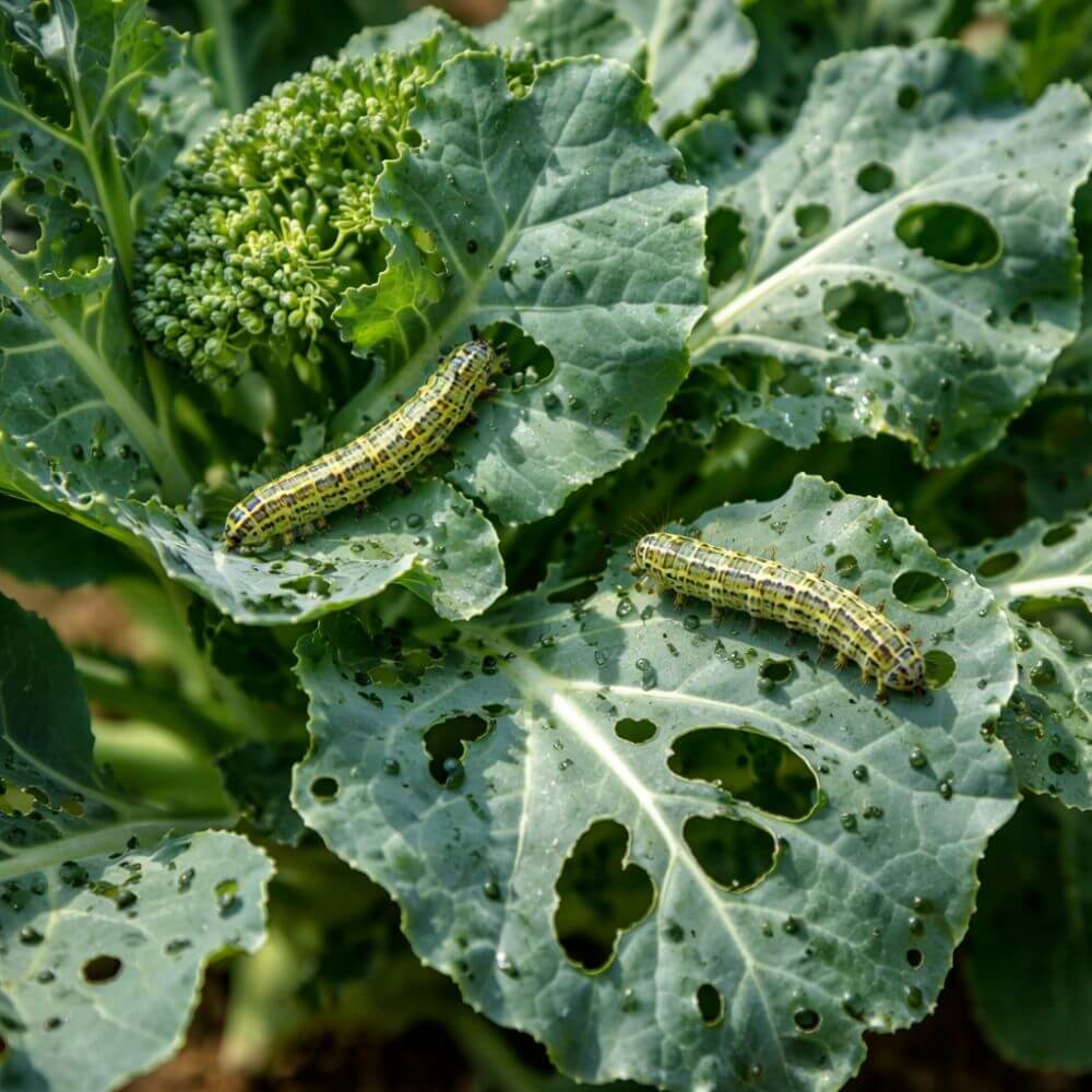 Two caterpillars on a leafy green plant with holes, possibly indicating pest damage.