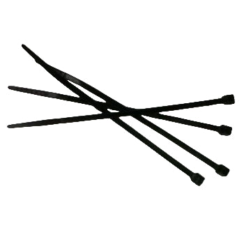 A group of black cable ties arranged on a light background.