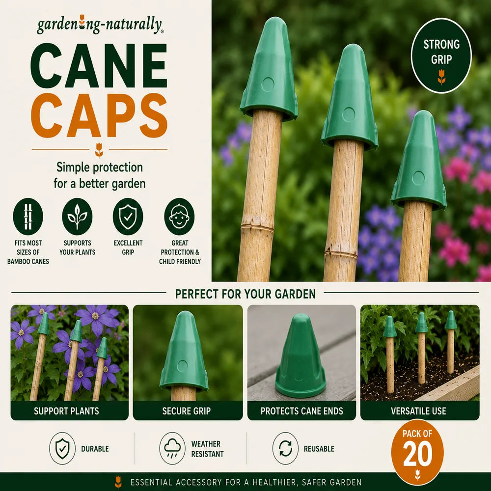 Gardening naturally cane caps with bamboo stakes and green caps against a garden background.