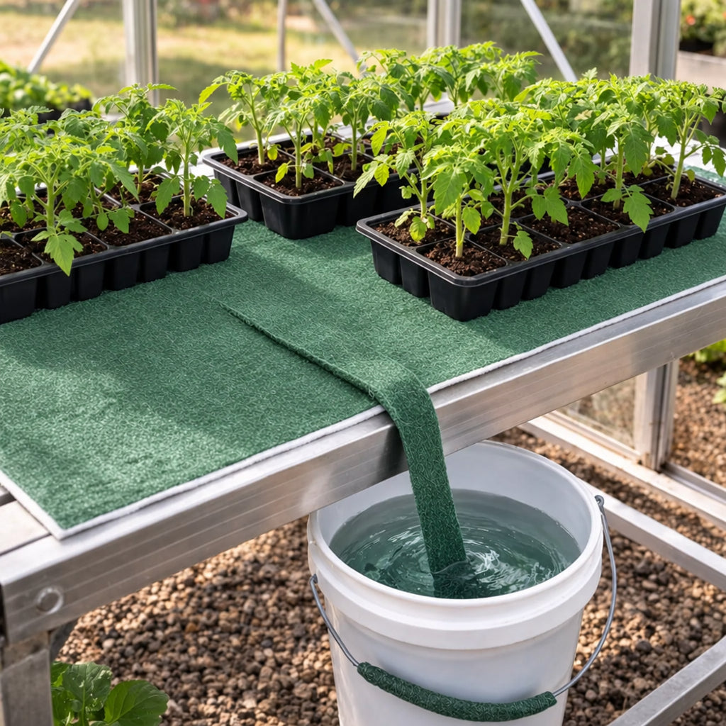 Tray of seedlings being watered with capillary matting from a bucket of water