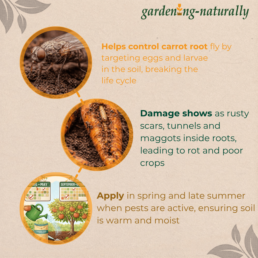 Gardening naturally infographic about controlling carrot root fly with text and images of pests and carrots.