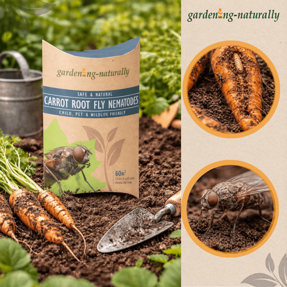 Package of carrot root fly nematodes with carrots and a trowel in soil, branded 'growing naturally'.