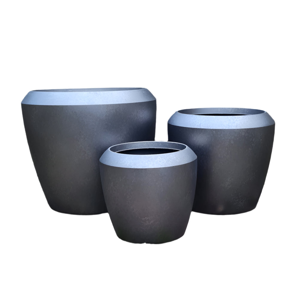 Pewter colour, set of 3 plant pots on blank background