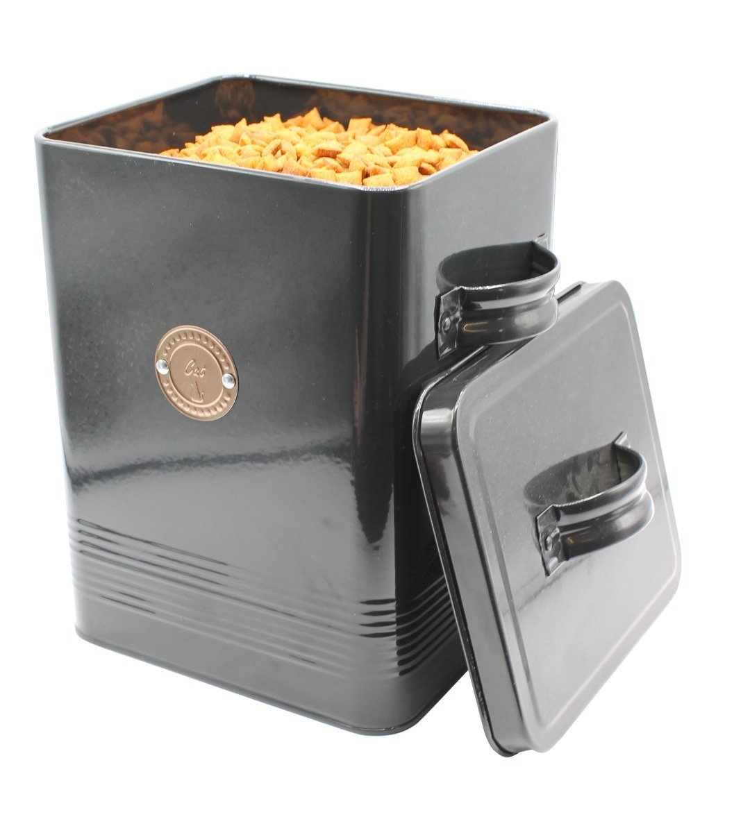 Cat biscuit tin full of biscuits in and lid stood to side
