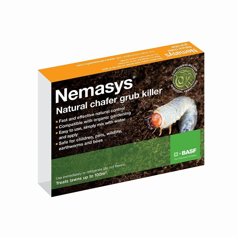 Box of Nemasys natural chafer grub killer containing live nematodes for lawn care, with the BASF logo and product information.