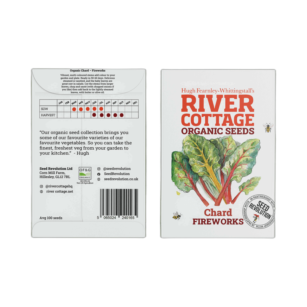 River Cottage Organic Seeds packaging for Chard Fireworks with illustration and text on a white background