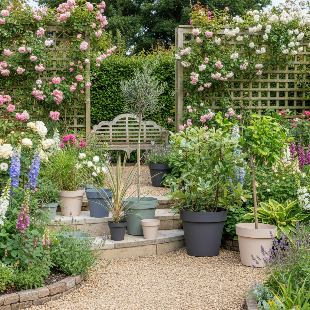 Garden with flowers, plants, and a bench