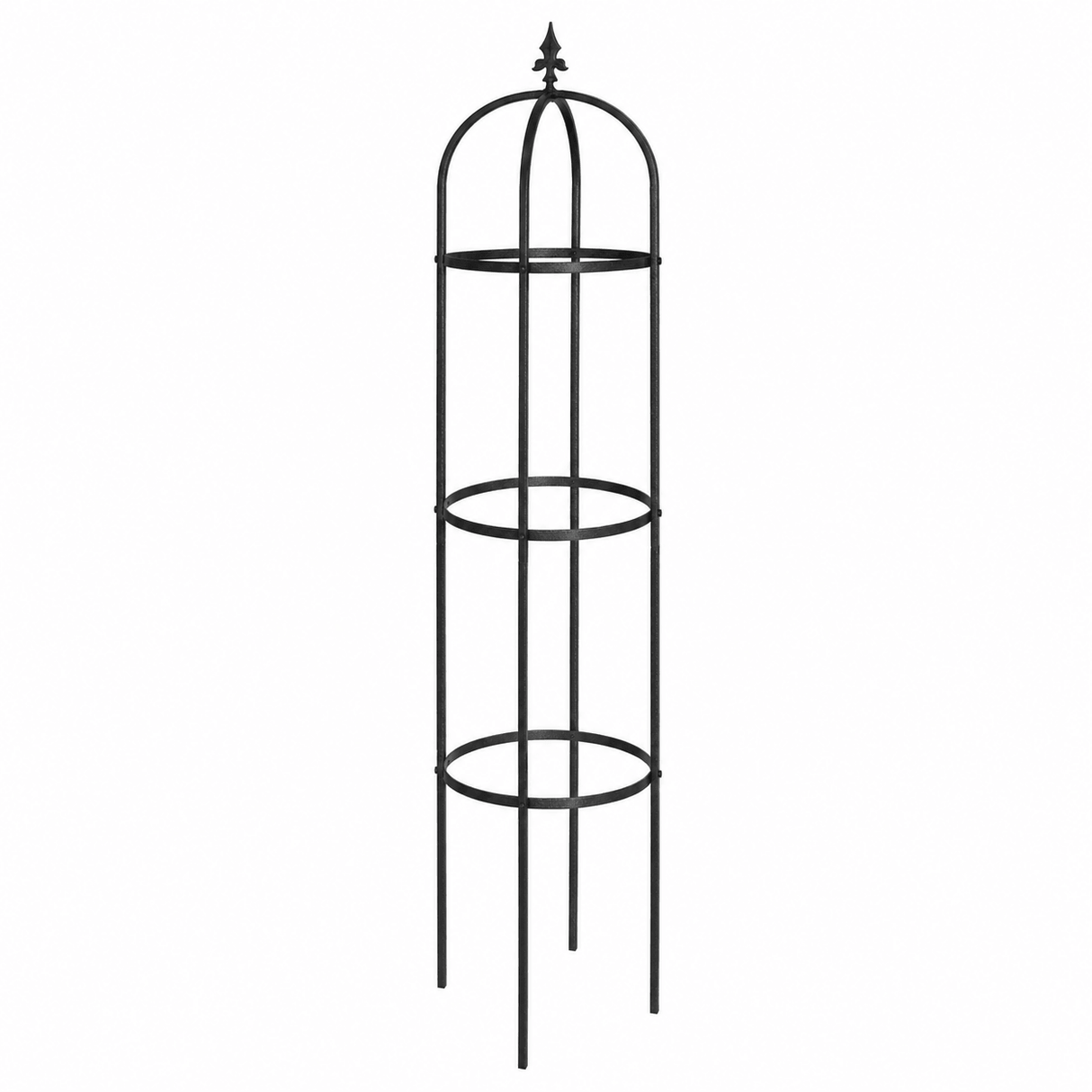 Black metal plant stand with three tiers on a white background
