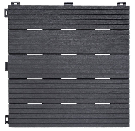 A set of gray recycled rubber decking tiles with a clip and lock system.