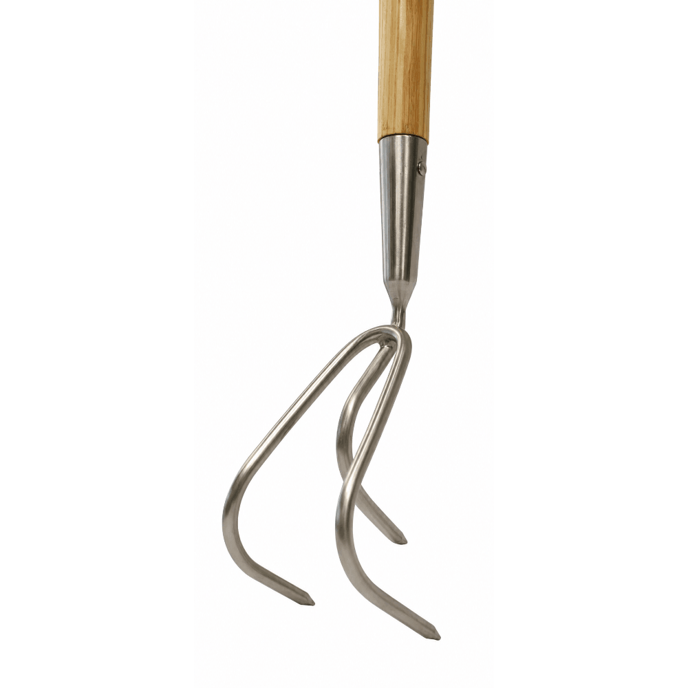 A garden hand fork with a light brown wooden handle and a silver metal three-pronged fork head, isolated on a white background.