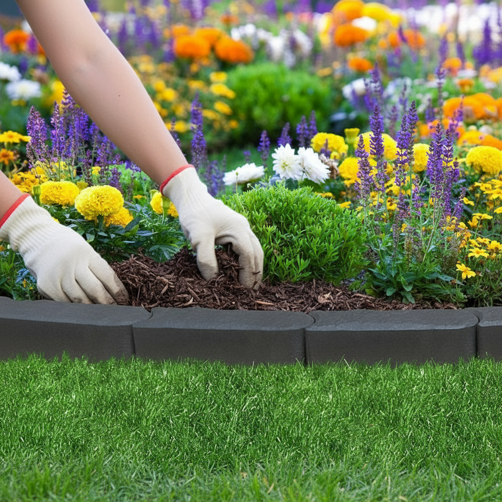 Person gardening with gloves on, surrounded by a colorful flower bed.