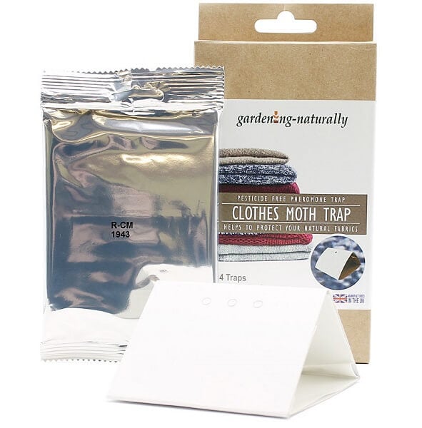 Clothes moth trap packaging with contents