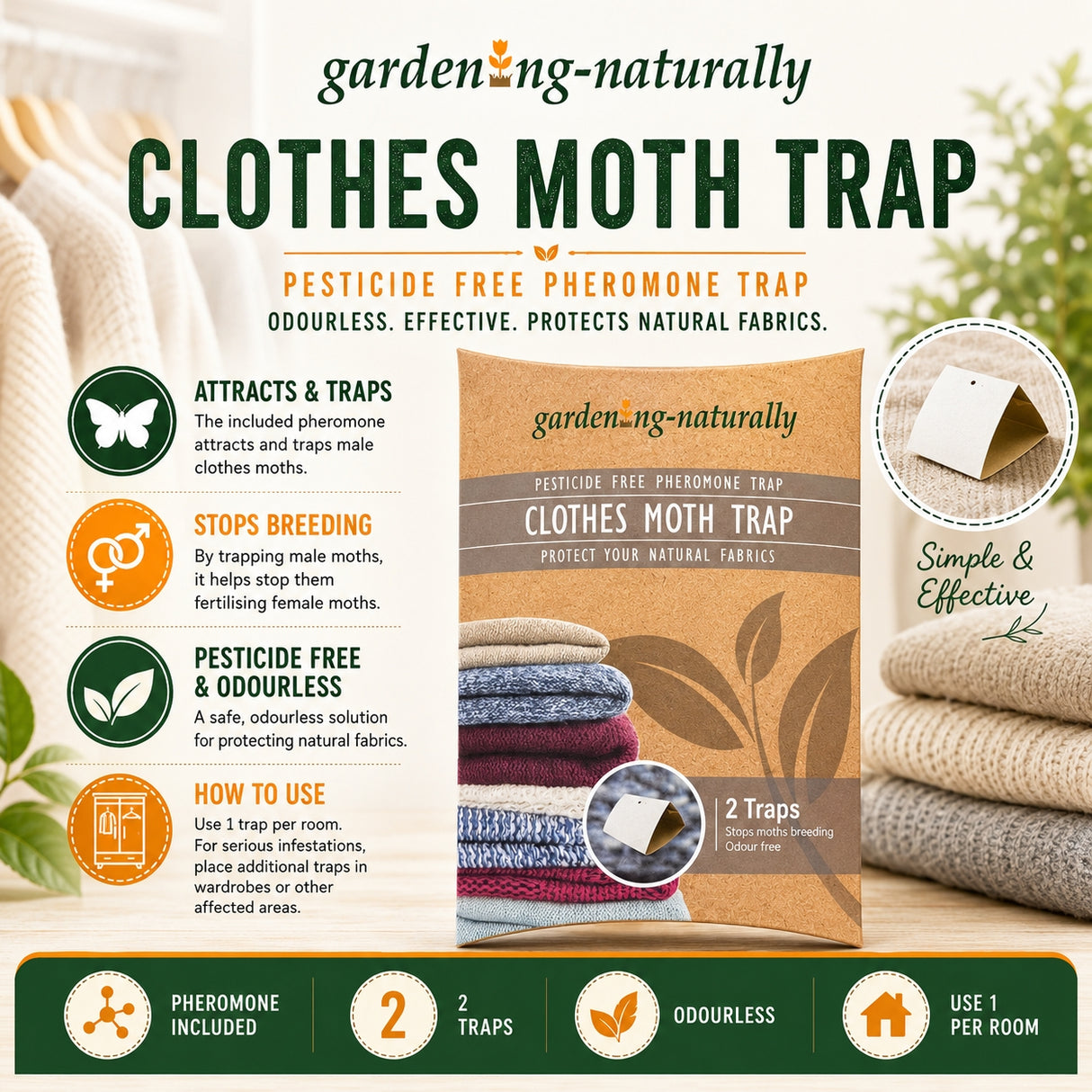 Gardening-Naturally clothes moth trap packaging with text and images of moths and fabrics.