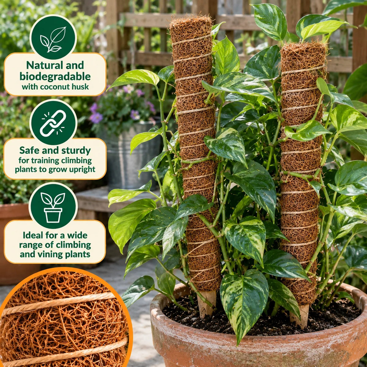 Coir coco fiber poles being used in the plant pots