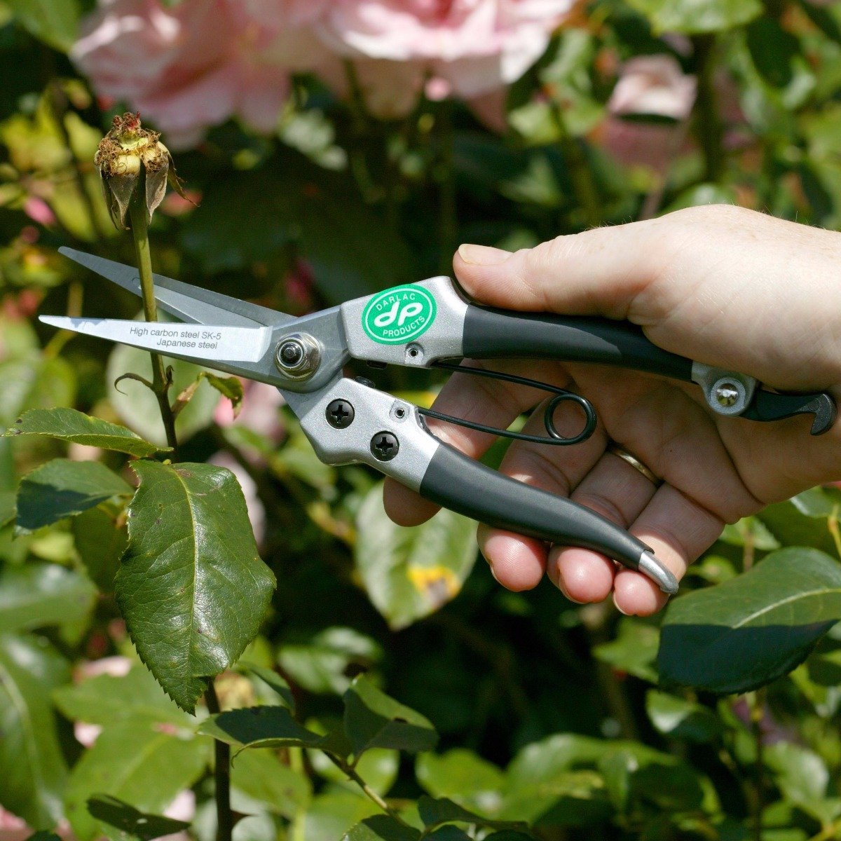 A person's hand holding a pair of compact snips with green and silver colors, showing the snips' cutting blade and handle.
