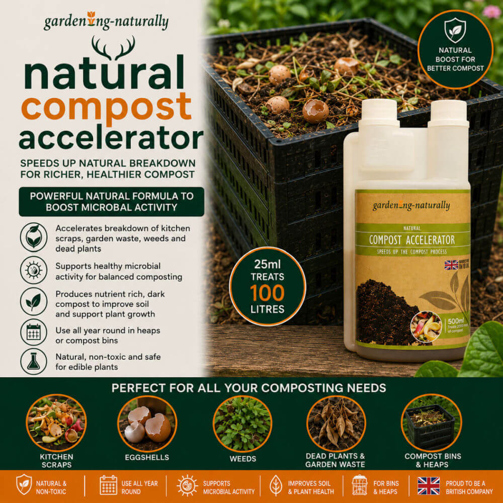 Advertisement for natural compost accelerator with product packaging and benefits listed.