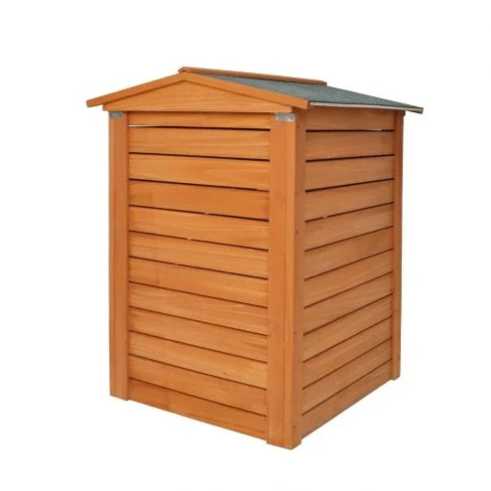 Back of a wooden compost bin bee hive style