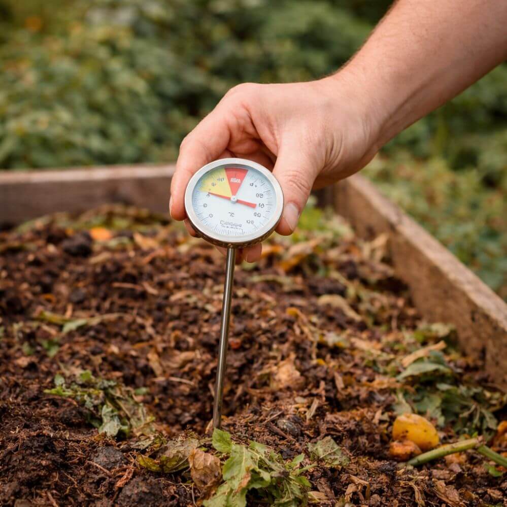 Hand holding a soil thermometer in compost