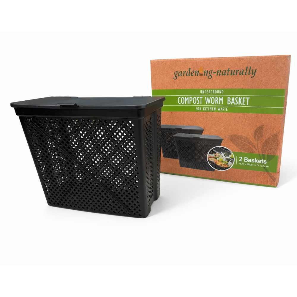 Black compost worm basket with packaging on a white background
