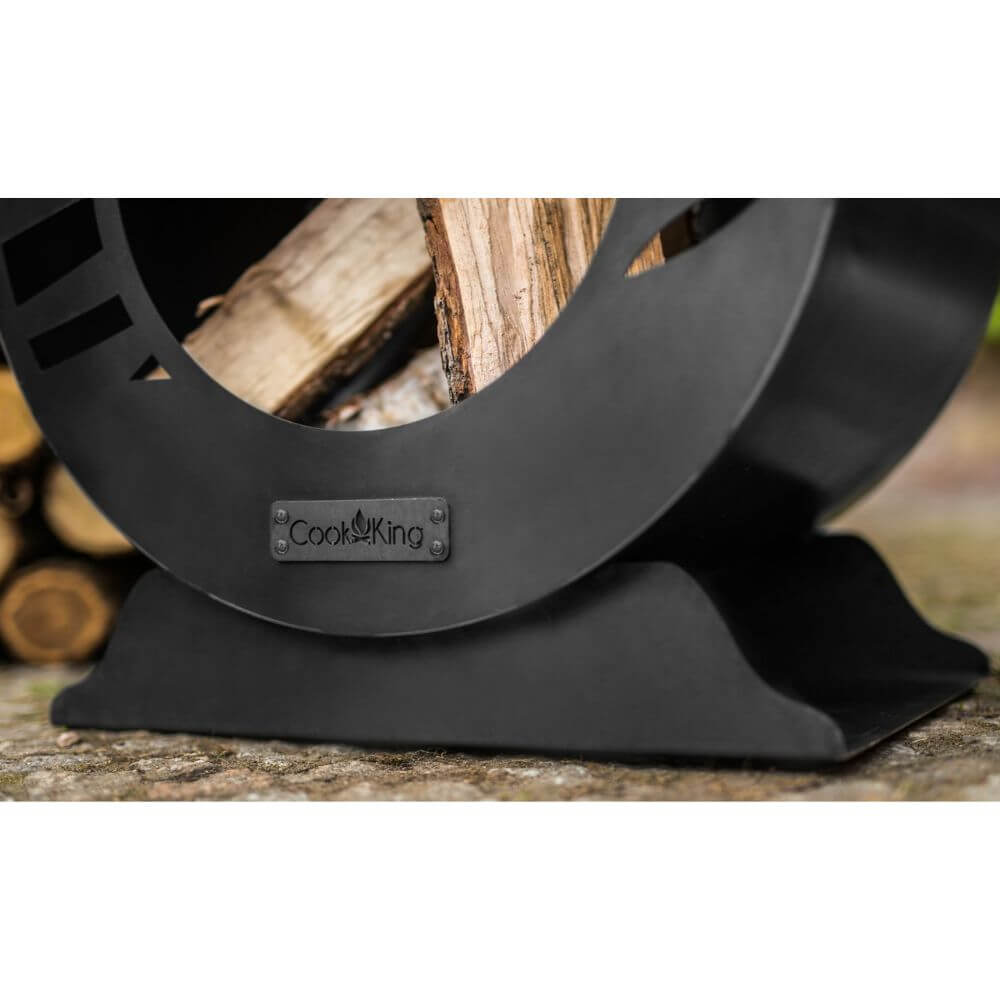 Cook King chimnea logo on metal wood storage