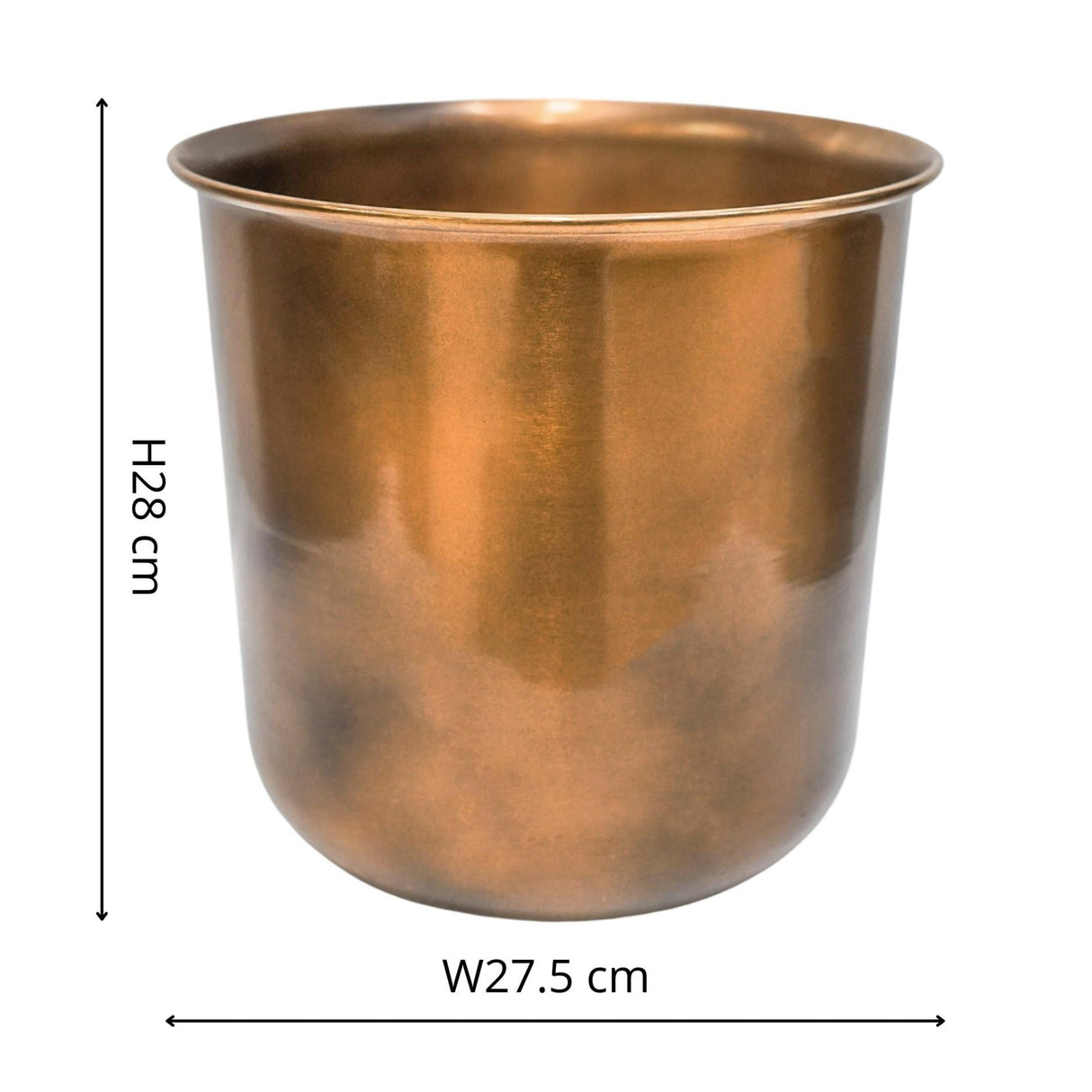 Copper effect plant pot diagram showing size