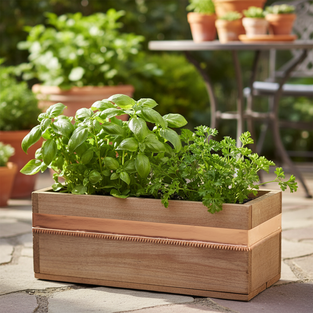 copper tape on a her planter