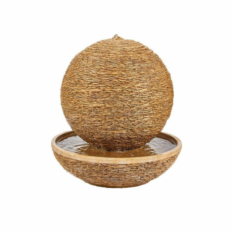 A spherical beige water feature with a golden finish, designed to resemble a sun.