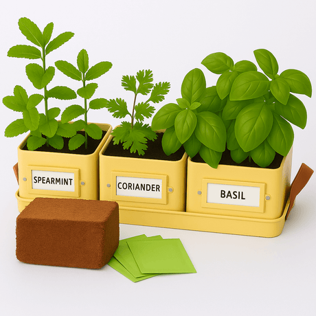 Set of potted herbs with labels in  yellow pots