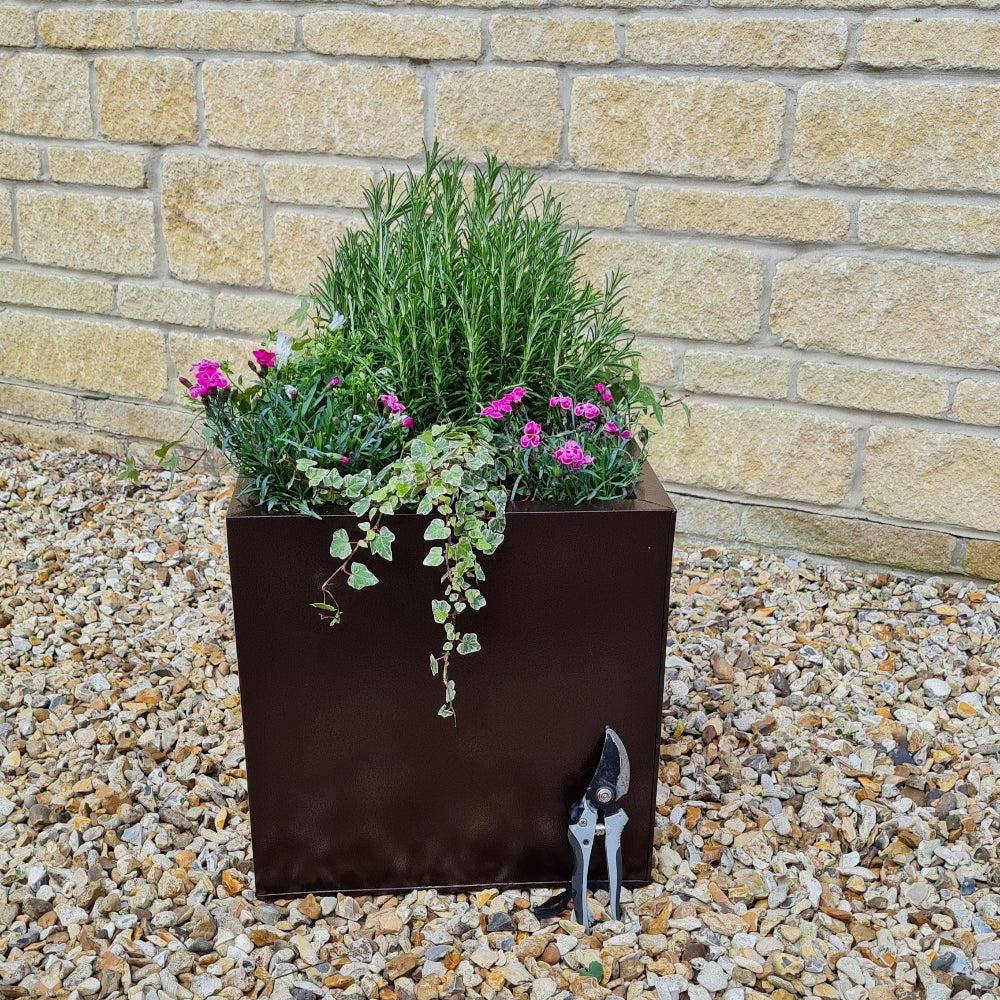 cube aluzinc bronze black planter with tools