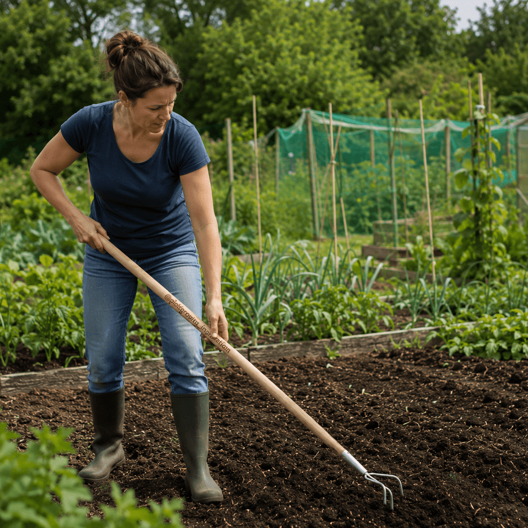 A woman gardening in a lush green vegetable patch, using a wooden-handled garden fork to turn dark soil. She is wearing a navy blue t-shirt, blue jeans, and dark green rubber boots.