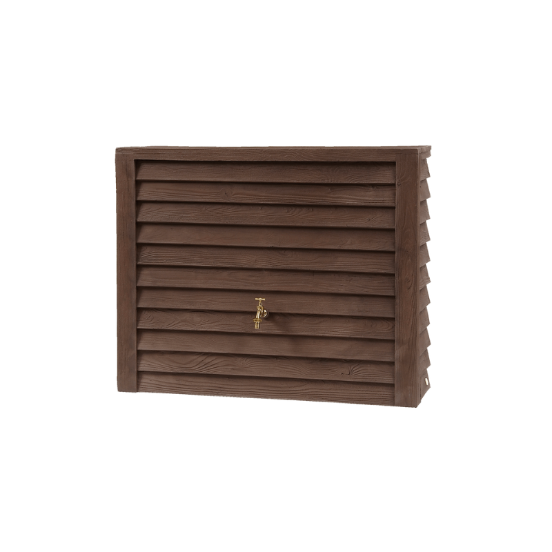 A brown wood effect 350 litre water butt designed to look like an outdoor cupboard with a brass thread tap on the front.
