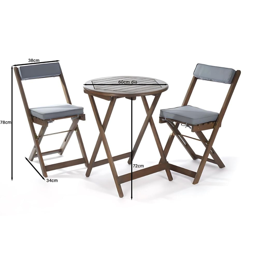 2 chairs and table set in a darker wood, on white background with dimensions
