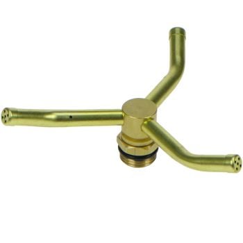 A gold-colored brass garden sprinkler head with three arms
