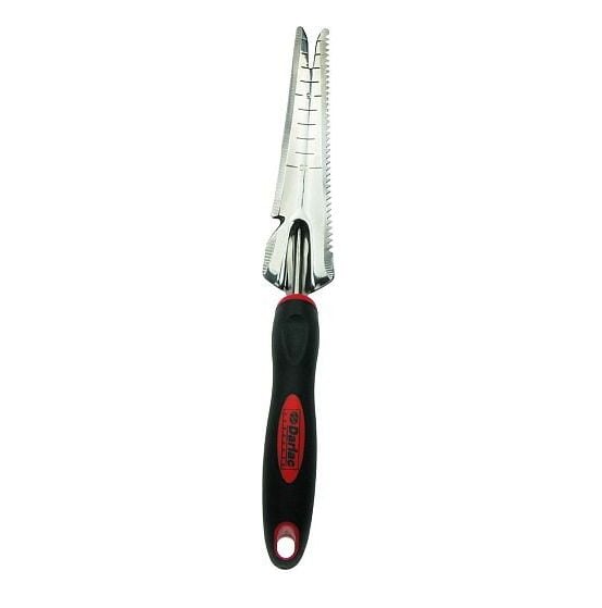A stainless steel gardening trowel with a black and red ergonomic rubber handle, featuring a forked end, saw edge, and a planting depth guide.
