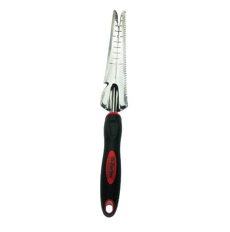 A stainless steel gardening trowel with a black and red ergonomic rubber handle, featuring a forked end, saw edge, and a planting depth guide.