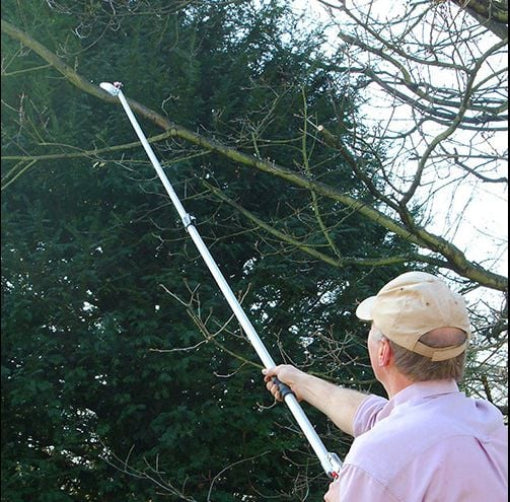Adjustable snapper and pruner being used to trim a tree by a man