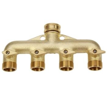 A gold-colored brass tap manifold with four outputs, designed to connect to a standard 3/4 BSP tap for splitting water output.