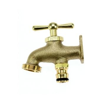 A brass-colored metal hose pipe tap with a handle for turning it on and off.